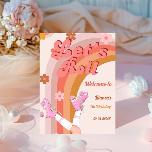 Let's Roll Retro Groovy Roller Schaats Welkomstbor Reclamebord Met Voetstuk