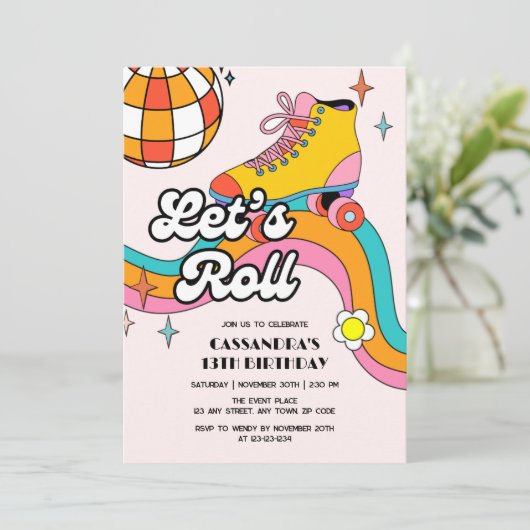 Let's Roll Retro Roller Skating Girl Birthday  Kaart (Staand voorkant)