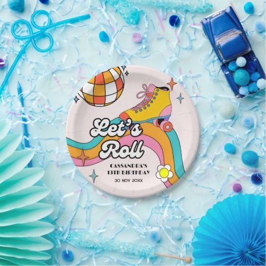 Let's Roll Retro Roller Skating Girl Birthday  Papieren Bordje (Feest)