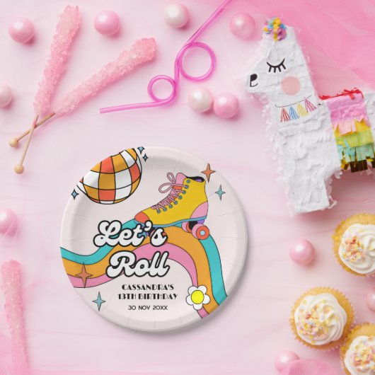 Let's Roll Retro Roller Skating Girl Birthday  Papieren Bordje (Feest)