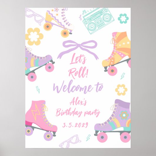 Lets Roll Roller Skate Girl Birthday Welcome Poster (Voorkant)