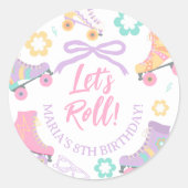 Lets Roll Roller Skate Retro Girl Birthday Pastel Ronde Sticker (Voorkant)