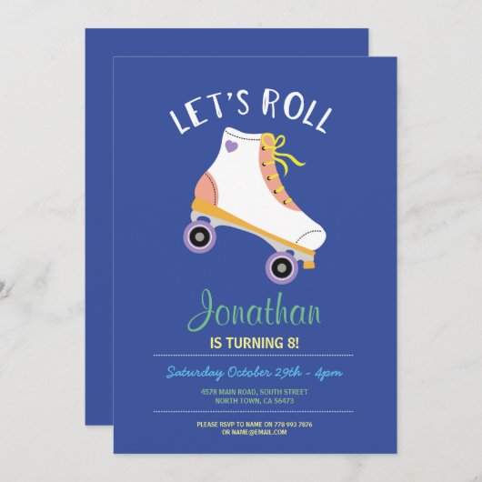 Let's Roll Rollerskate Blauw Verjaardag Party Scha Kaart (Voorkant / Achterkant)