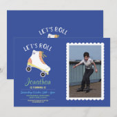 Let's Roll Rollerskate Blue Verjaardag Party Foto Kaart (Voorkant / Achterkant)