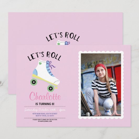 Let's Roll Rollerskate Roze Verjaardag Party Foto Kaart (Voorkant / Achterkant)