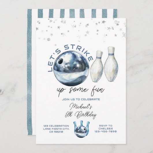 Let's Strike Boy 5th Galaxy bowling birthday party Kaart (Voorkant / Achterkant)