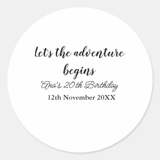 lets the adventure begins 20th birthday add name d ronde sticker (Voorkant)