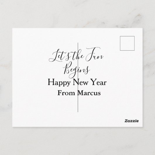 lets the fun begins happy new year name year simpl briefkaart (Achterkant)