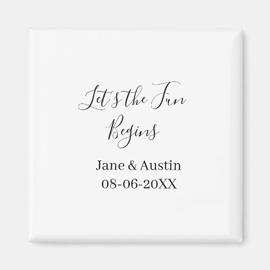 lets the fun begins wedding couple name date simpl magneet (Voorkant)