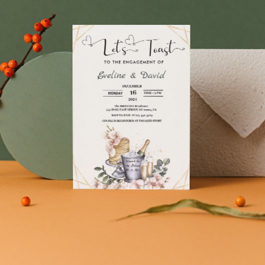 Let's Toast Engagement Party Watercolor Floral Kaart