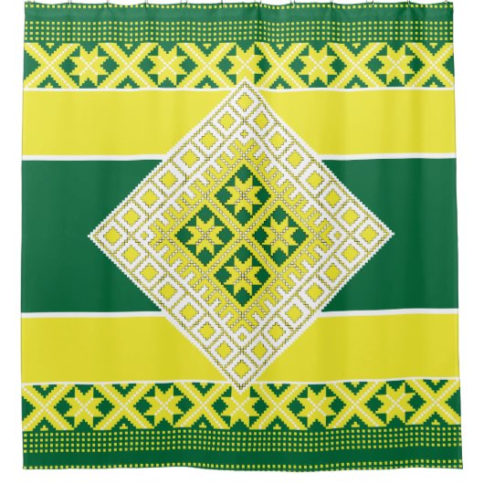 Letse folk geel groen geometrisch Medallion Douchegordijn (Voorkant)