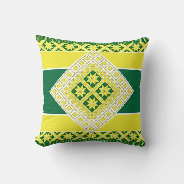Letse folk geel groen geometrisch Medallion Kussen (Voorkant)
