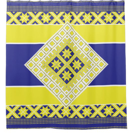 Letse folkkunst blauw geel geometrisch Medallion Douchegordijn (Voorkant)