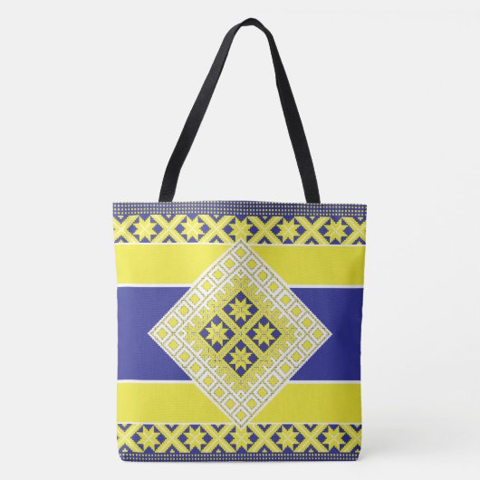 Letse folkkunst blauw geel geometrisch Medallion Tote Bag (Voorkant)