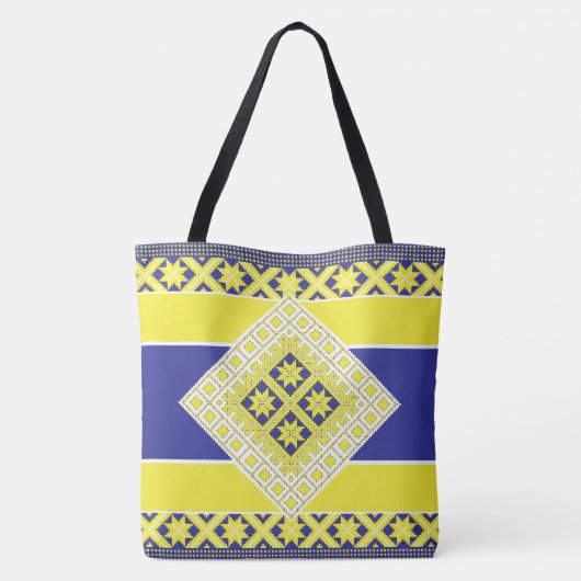 Letse folkkunst blauw geel geometrisch Medallion Tote Bag (Achterkant)