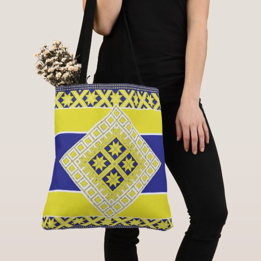 Letse folkkunst blauw geel geometrisch Medallion Tote Bag (Dichtbij)