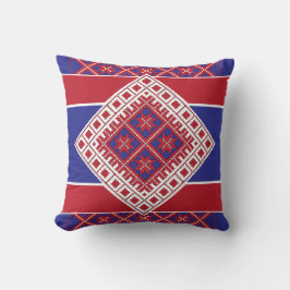 Letse folkkunst rood en blauw geometrisch medaillo kussen