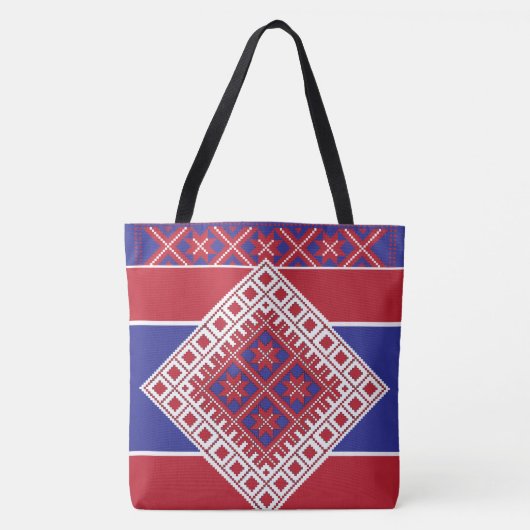 Letse folkkunst rood en blauw geometrisch medaillo tote bag (Voorkant)
