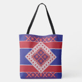 Letse folkkunst rood en blauw geometrisch medaillo tote bag (Achterkant)