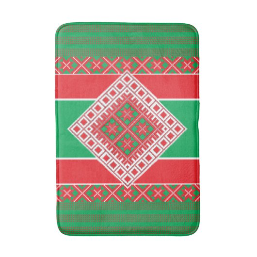 Letse folkkunst rood en groen geometrisch Medallio Badmat (Voorkant Verticaal)