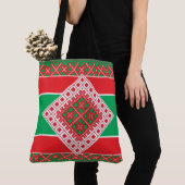 Letse folkkunst rood en groen geometrisch Medallio Tote Bag (Dichtbij)