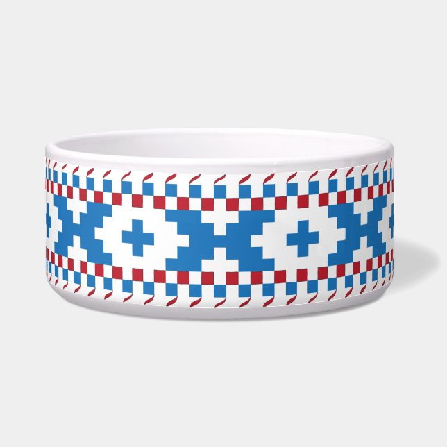 Letse oude borden blauw, rood, witte volkskunst voerbakje (Voorkant)