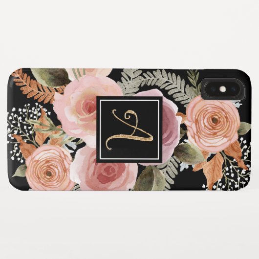 Letter A Black Waterverf Floral BOHO Monogram Case-Mate iPhone Case (Achterkant (horizontaal))