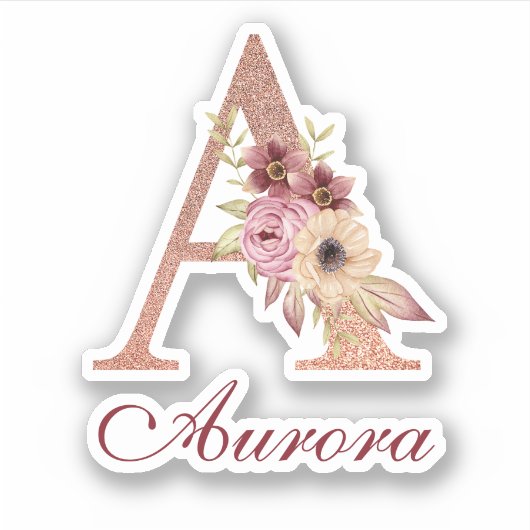 Letter A Bloem Roze Gouden Monogram Sticker (Voorkant)
