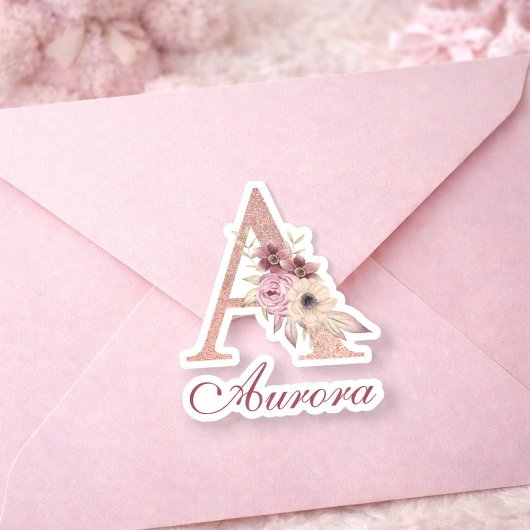 Letter A Bloem Roze Gouden Monogram Sticker