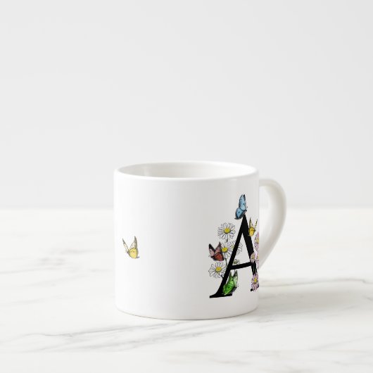 Letter A Bloem Vlinder Monogram Initiaal    Espresso Kop (Voorkant rechts)