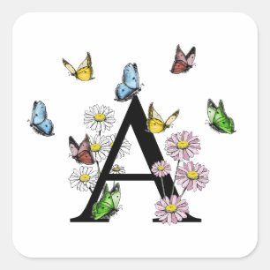 Letter A Bloem Vlinder Monogram Initiaal   Vierkante Sticker