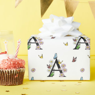 Letter A Bloemrijke Waterverf Vlinder Monogram     Cadeaupapier