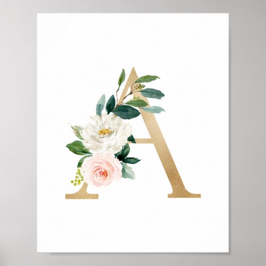 Letter A Blush Floral Monogram Faux Gold Foil Poster (Voorkant)