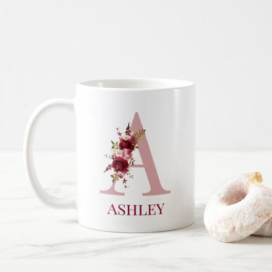 Letter A Bourgogne Blush Bloemen Koffiemok (Met donut)