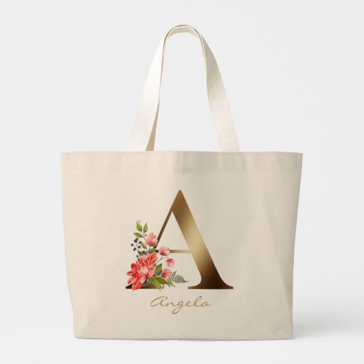 Letter A Elegant Floral Gold Monogram Grote Tote Bag (Achterkant)