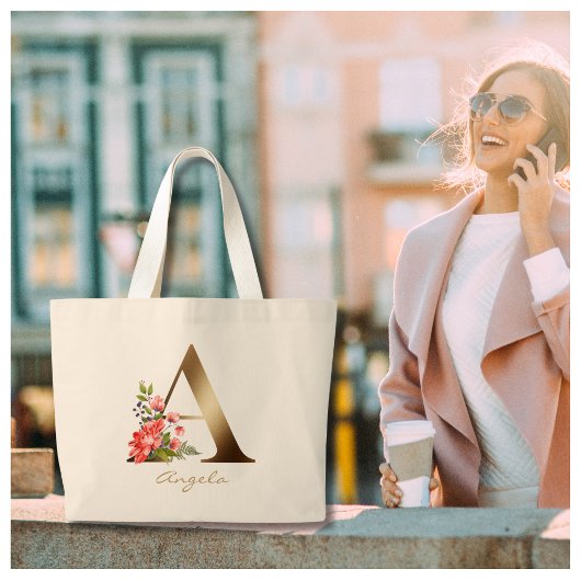 Letter A Elegant Floral Gold Monogram Grote Tote Bag