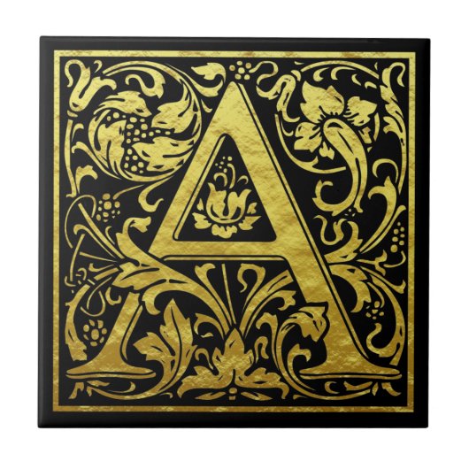 Letter A First Letter Faux Gold Black Tegeltje (Voorkant)