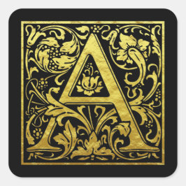 Letter A First Letter Faux Gold en Black Vierkante Sticker