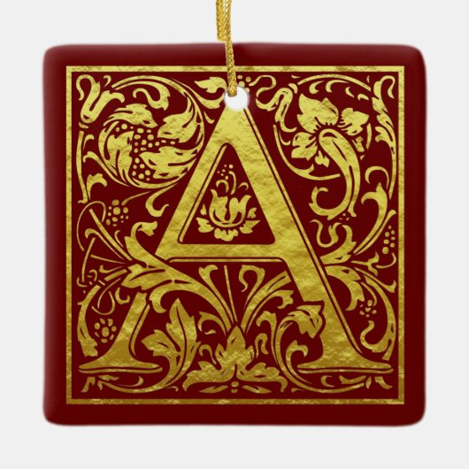 Letter A First Letter Faux Gold en Red Keramisch Ornament (Voorkant)