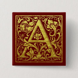 Letter A First Letter Faux Gold en Red Vierkante Button 5,1 Cm