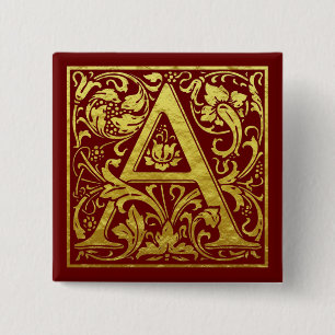Letter A First Letter Faux Gold en Red Vierkante Button 5,1 Cm
