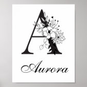 Letter A Floral Modern Zwart Monogram Kwekerij Poster (Voorkant)