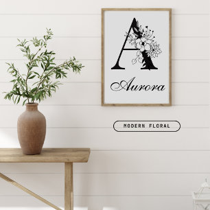 Letter A Floral Modern Zwart Monogram Kwekerij Poster