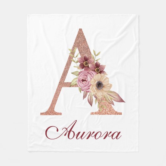 Letter A Floral Roos Gold Monogram Kwekerij Fleece Deken (Voorkant)