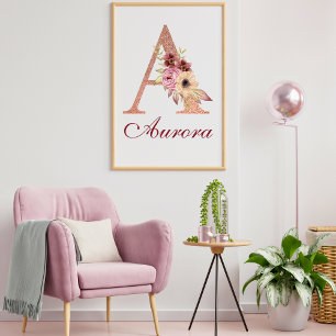 Letter A Floral Roos Gold Monogram Kwekerij Poster