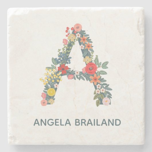 Letter A florale tuinmonogram gepersonaliseerd Stenen Onderzetter (Voorkant)