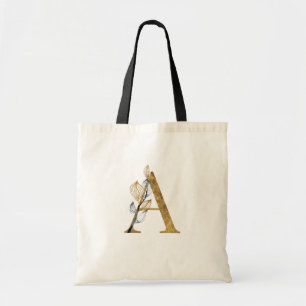 *~* Letter A Gold Monogram Initiaal Black Leaves Tote Bag