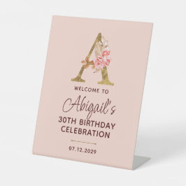 Letter A Gouden Monogram Blush Roze Rozen Bord Reclamebord Met Voetstuk