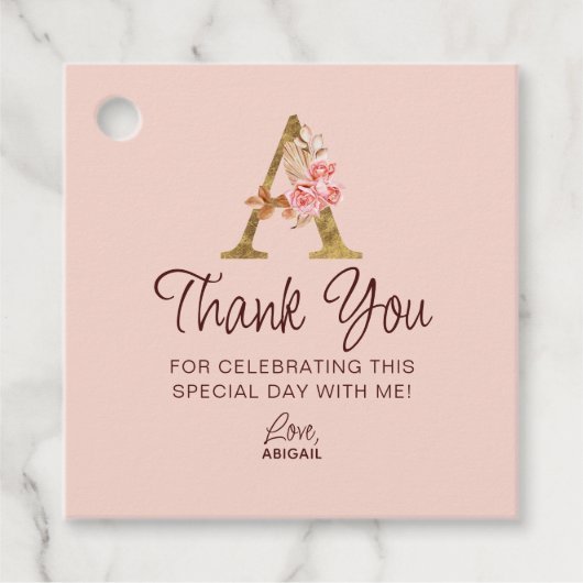Letter A Gouden Monogram Roze Rozen Bedankjes Labels (Voorkant)