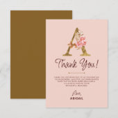 Letter A Gouden Monogram Roze Rozen Bedankkaart (Voorkant / Achterkant)